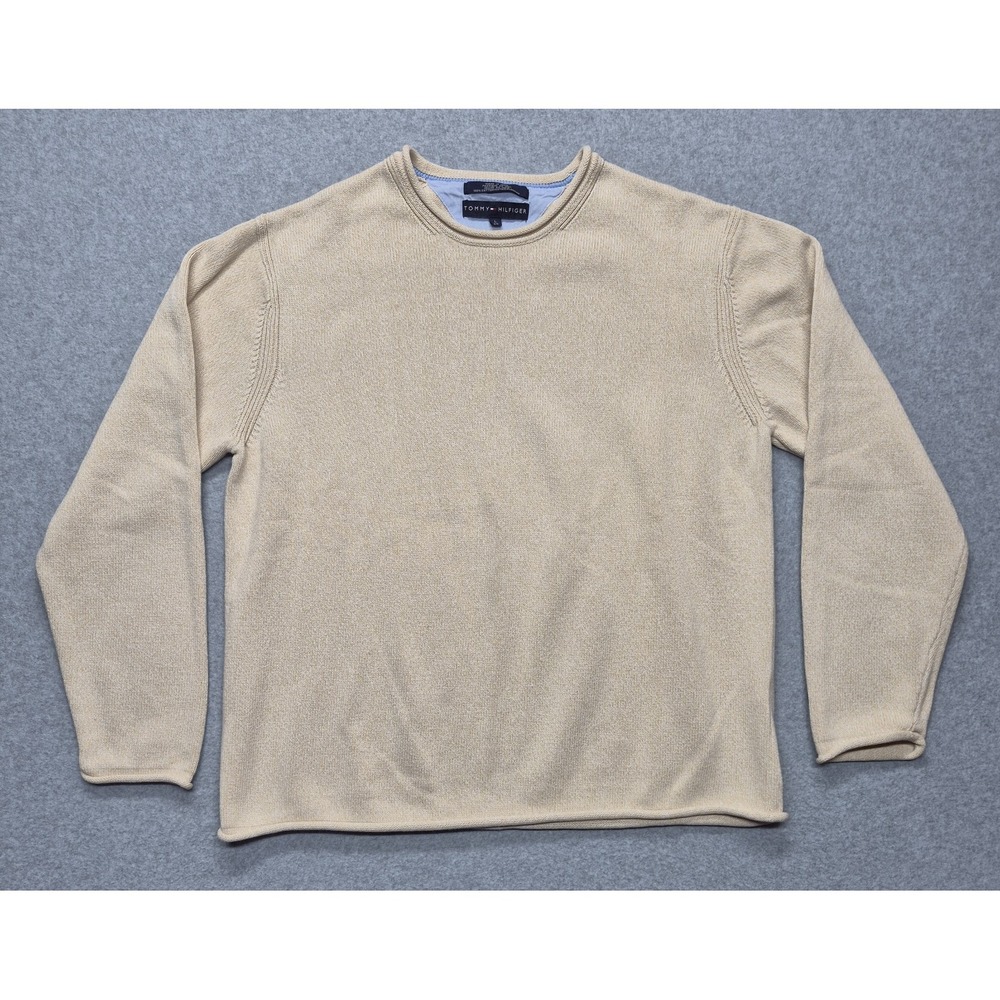 Tommy Hilfiger Sweater Mens L Beige 100% Cotton Crewneck Pullover Roll Neck